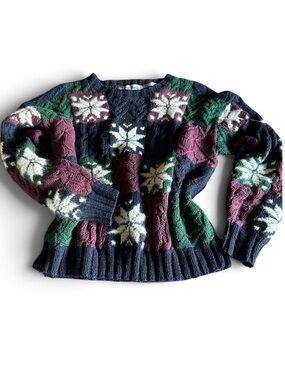 Vintage Classic Navy Cable Hand Knit Crewneck Sweater with Snowflake Panels